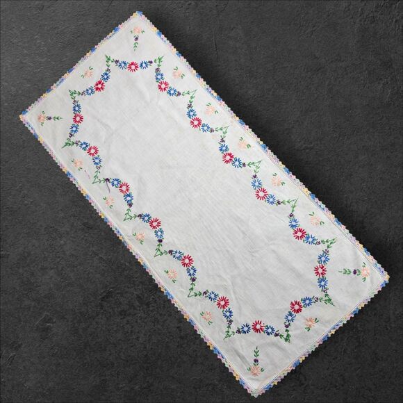 Vintage Hand Embroidered & Crochet Linen Runners Pair Floral & Red Trim 24" - Picture 2 of 12